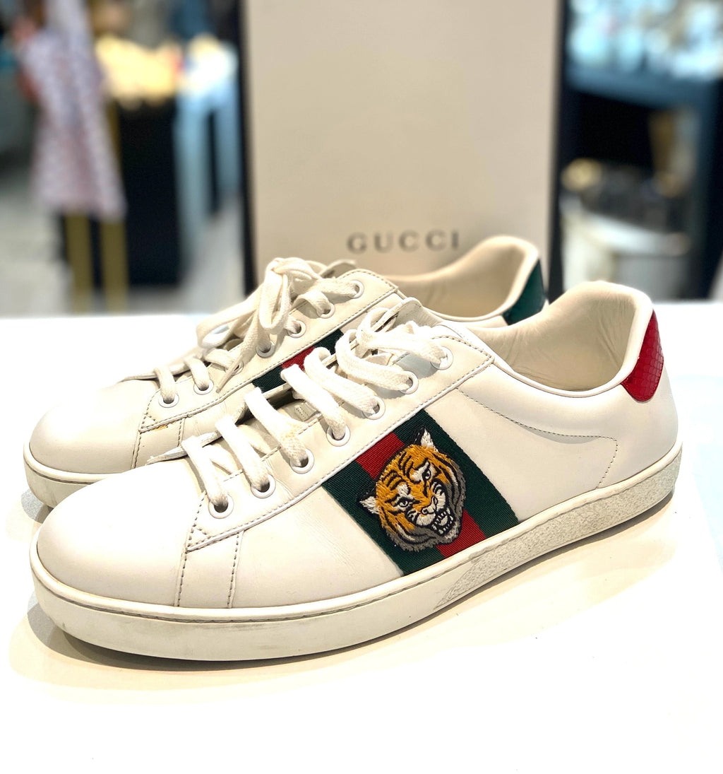 GUCCI CALFSKIN LEATHER ACE TIGER EMBROIDERED MEN'S SNEAKERS