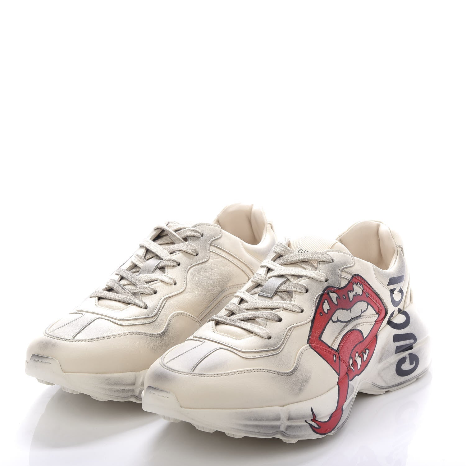 GUCCI DISTRESSED CALFSKIN MOUTH PRINT RHYTON SNEAKERS