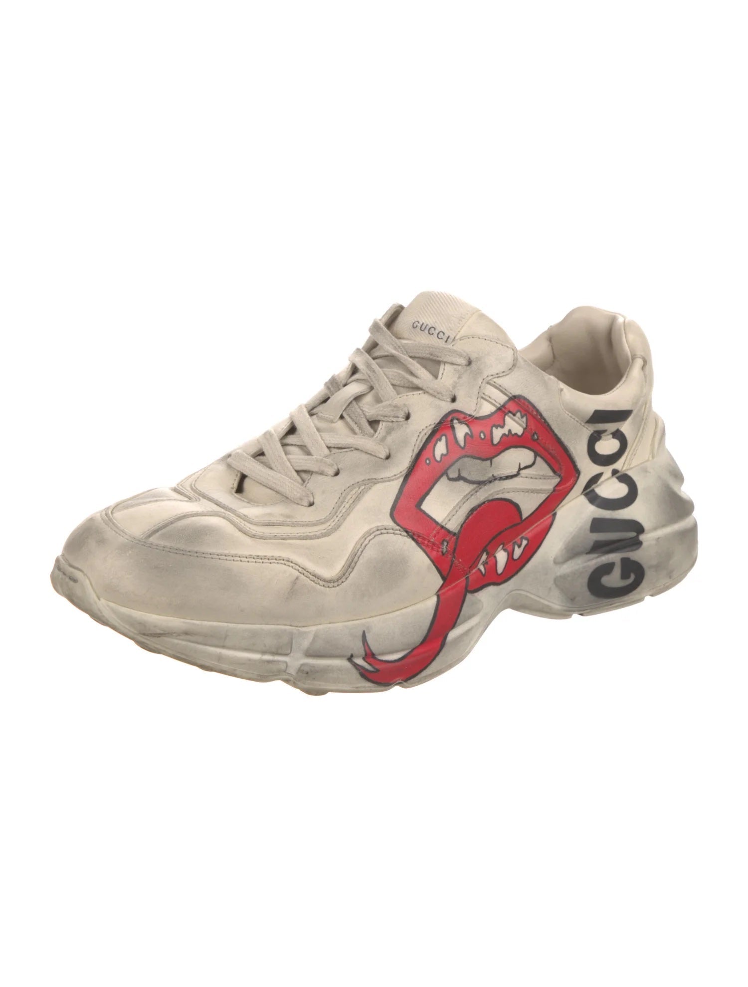 GUCCI DISTRESSED CALFSKIN MOUTH PRINT RHYTON SNEAKERS