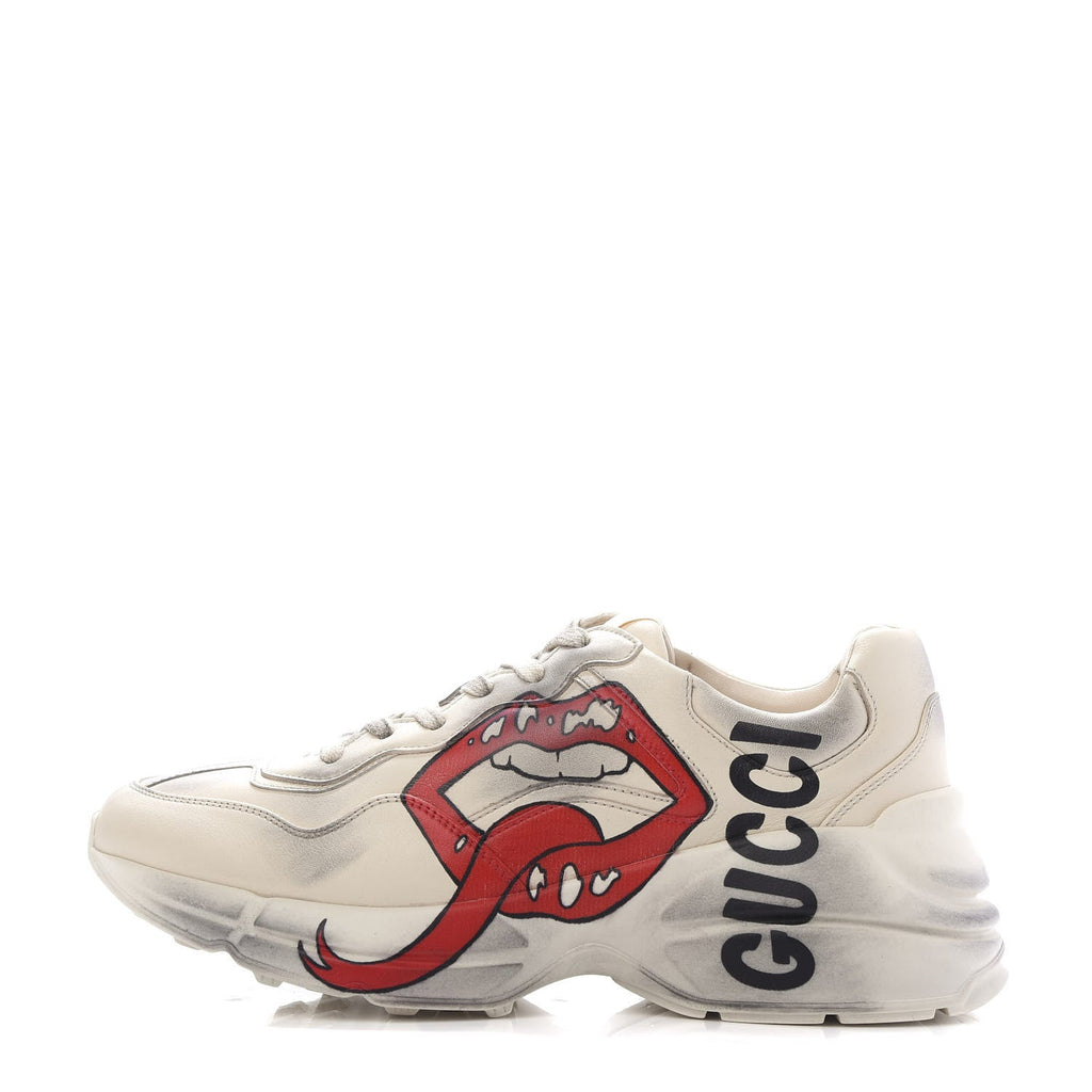 GUCCI DISTRESSED CALFSKIN MOUTH PRINT RHYTON SNEAKERS