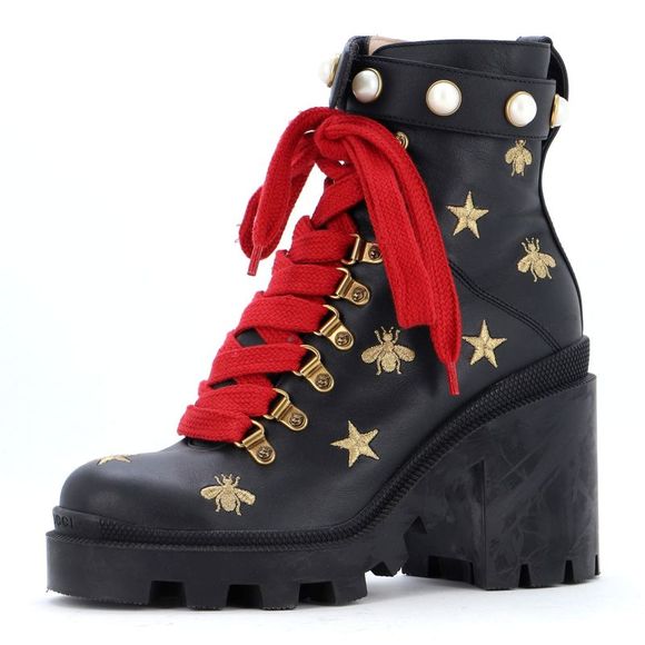 GUCCI CALFSKIN EMBROIDERED LACE UP COMBAT BOOTS