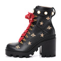 GUCCI CALFSKIN EMBROIDERED LACE UP COMBAT BOOTS
