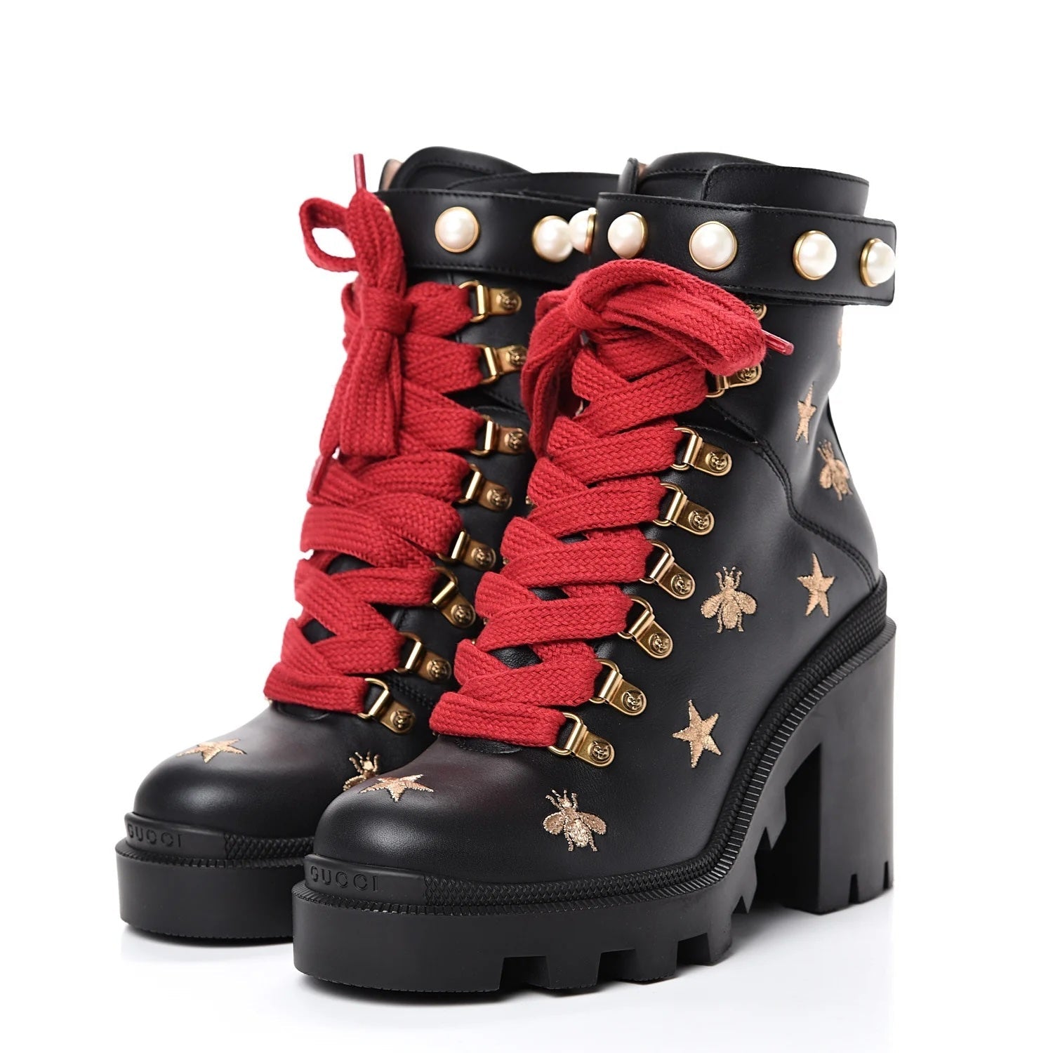 GUCCI CALFSKIN EMBROIDERED LACE UP COMBAT BOOTS