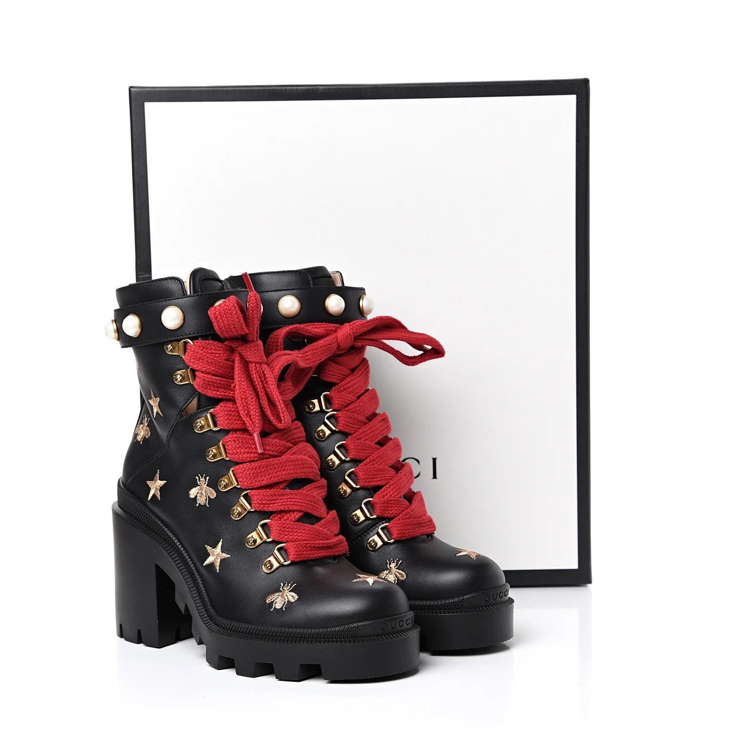 GUCCI CALFSKIN EMBROIDERED LACE UP COMBAT BOOTS