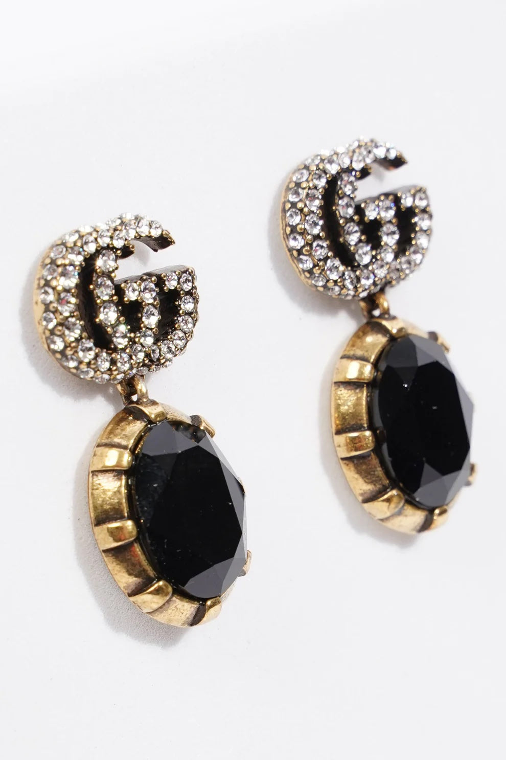GUCCI CRYSTAL DOUBLE G BLACK AGED GOLD-TONE EARRINGS