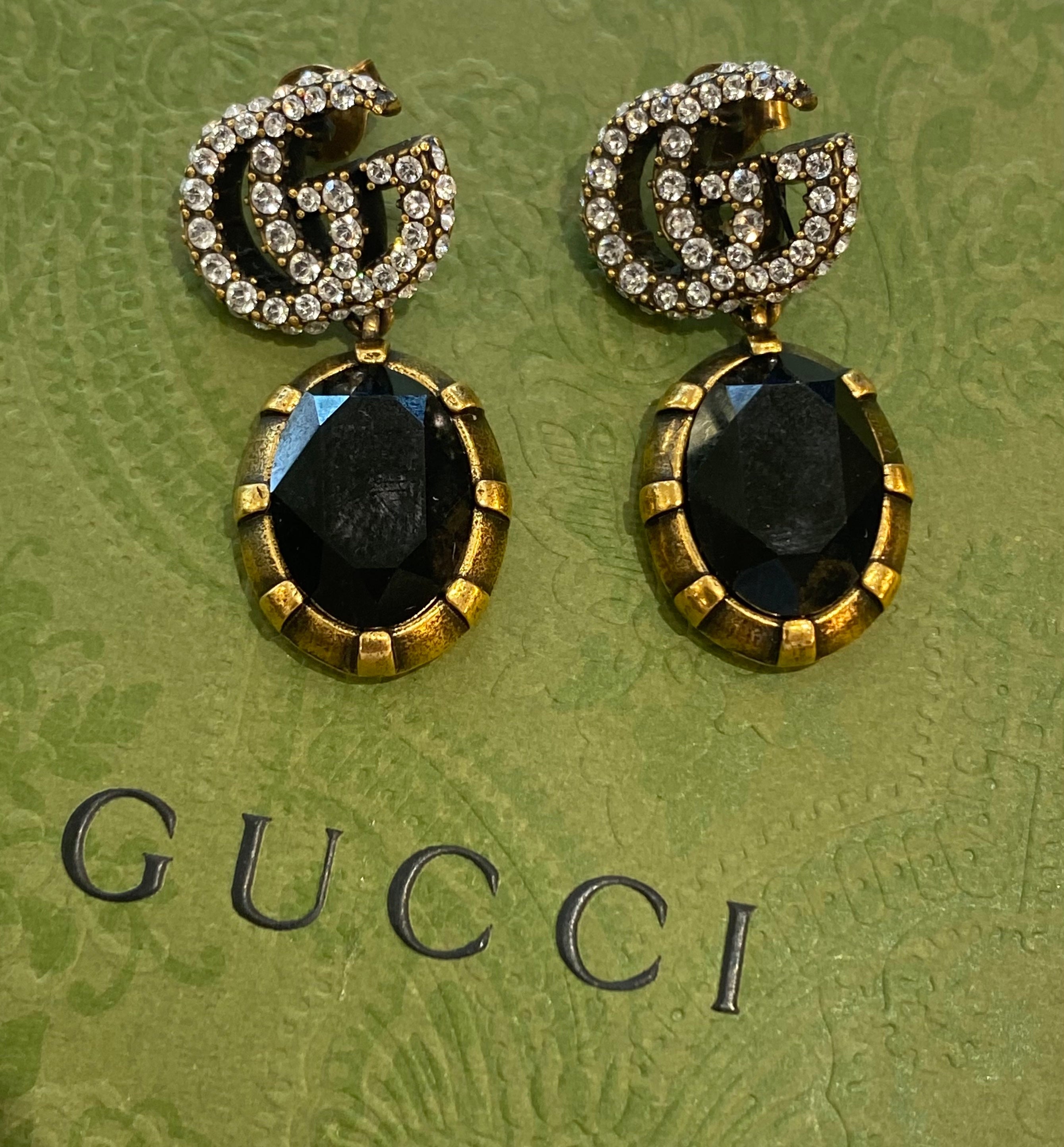 GUCCI CRYSTAL DOUBLE G BLACK AGED GOLD-TONE EARRINGS