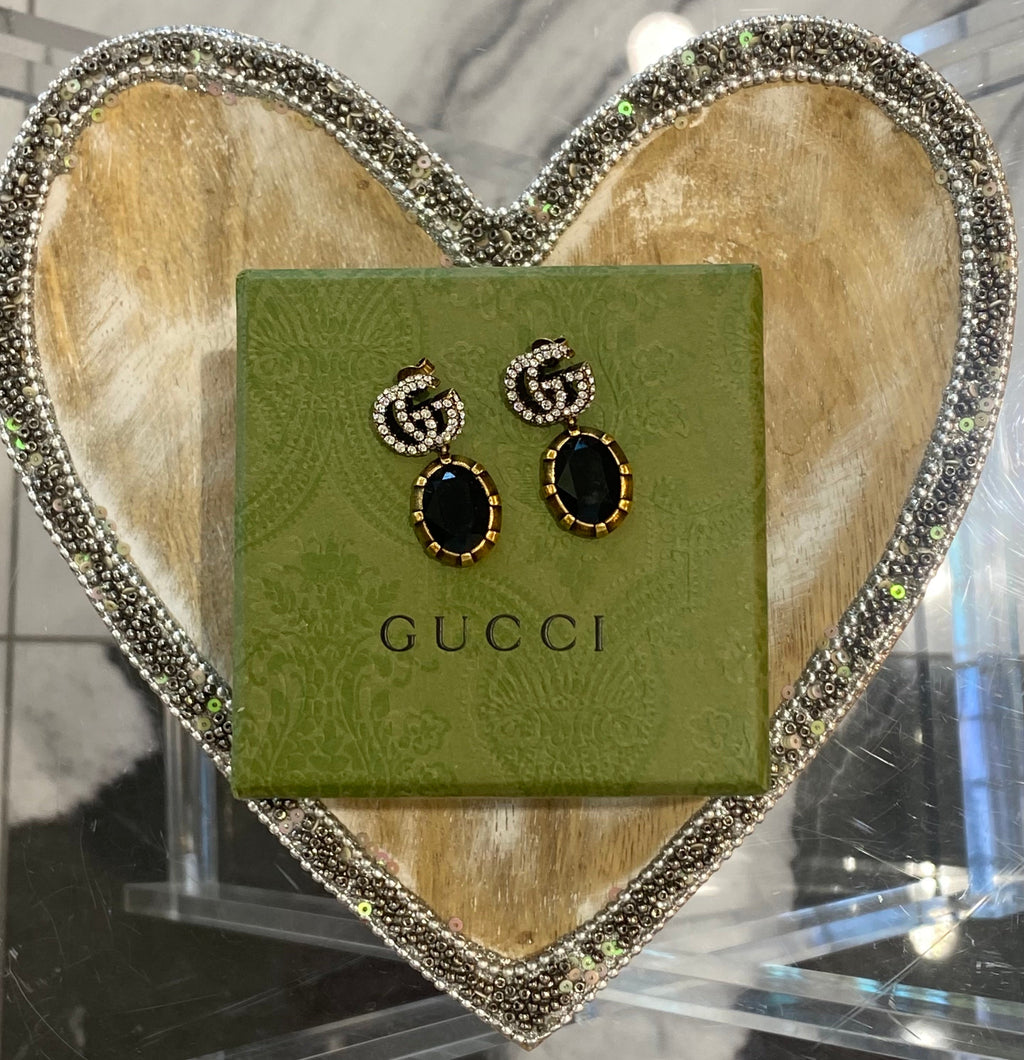 GUCCI CRYSTAL DOUBLE G BLACK AGED GOLD-TONE EARRINGS