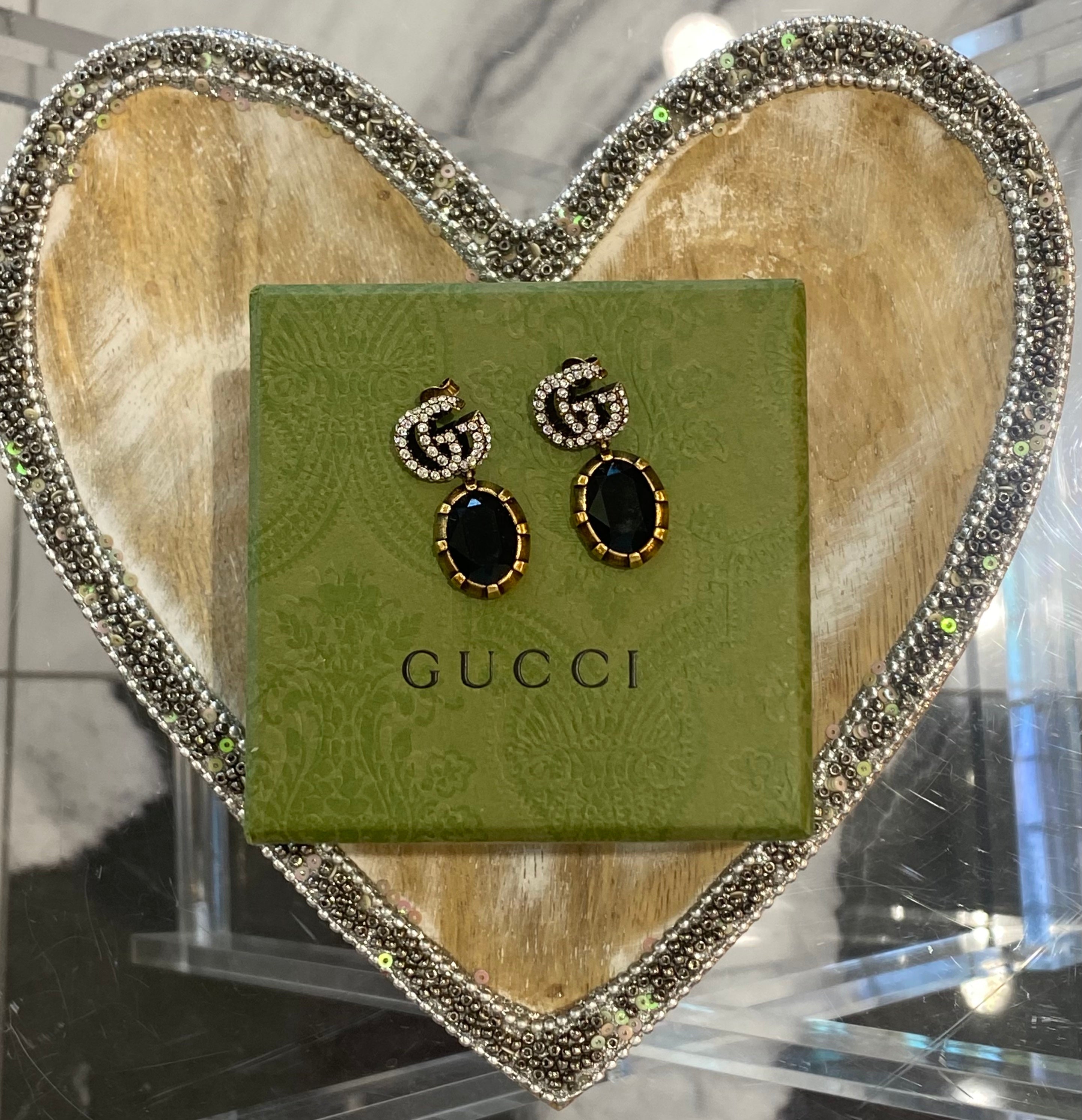 GUCCI CRYSTAL DOUBLE G BLACK AGED GOLD-TONE EARRINGS