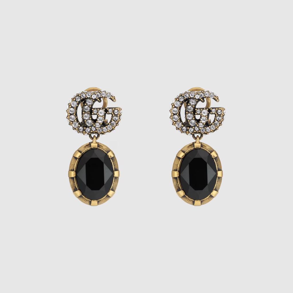 GUCCI CRYSTAL DOUBLE G BLACK AGED GOLD-TONE EARRINGS