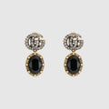 GUCCI CRYSTAL DOUBLE G BLACK AGED GOLD-TONE EARRINGS