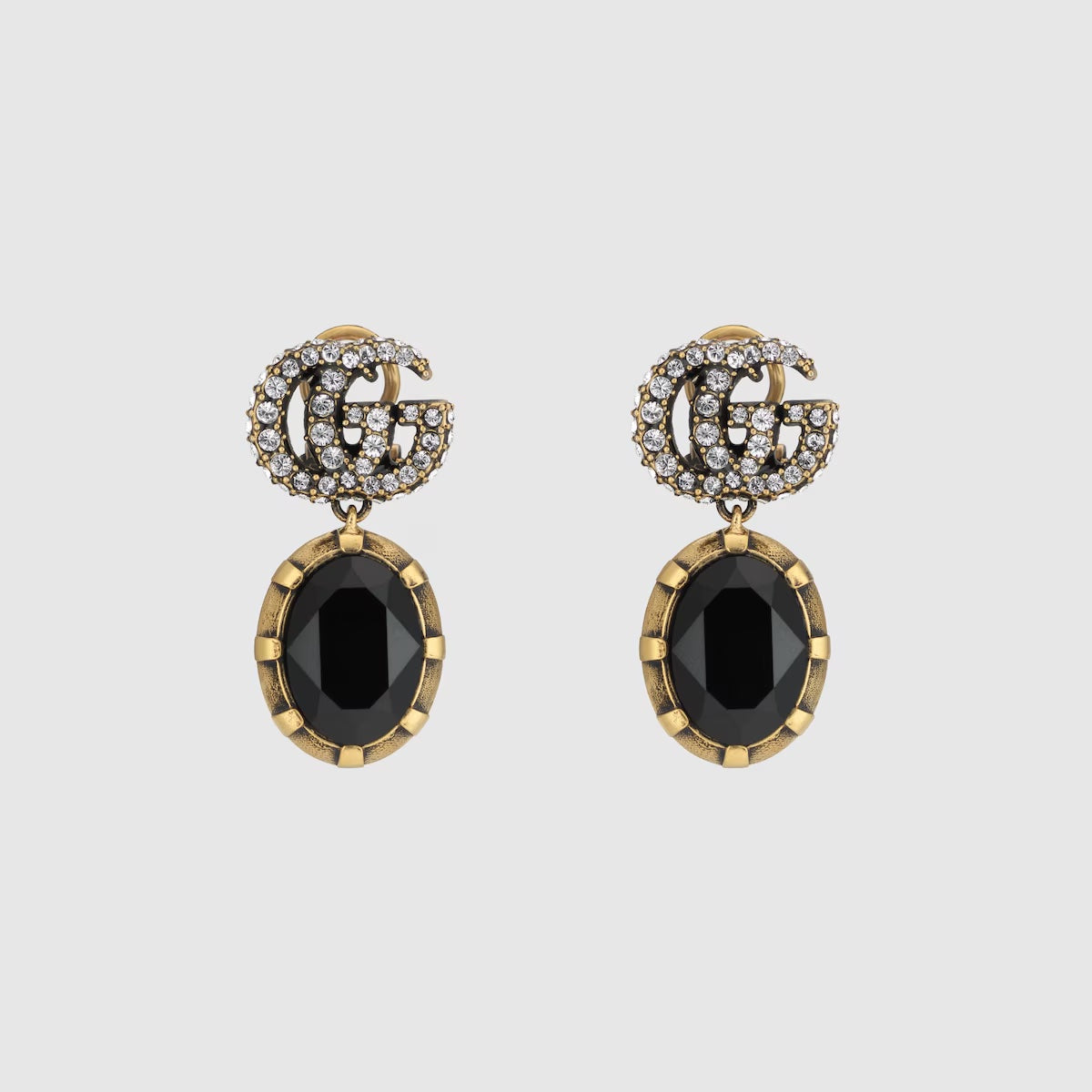 GUCCI CRYSTAL DOUBLE G BLACK AGED GOLD-TONE EARRINGS