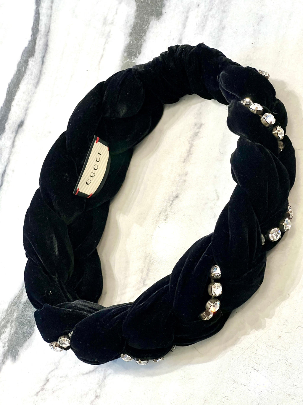 GUCCI CRYSTAL EMBELLISHED BRAIDED VELVET HEADBAND