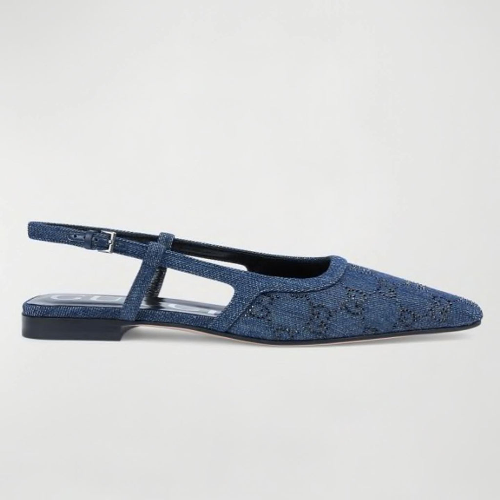 GUCCI DEMI CRYSTAL EMBELLISHED GG DENIM SLINGBACK BALLERINA FLATS