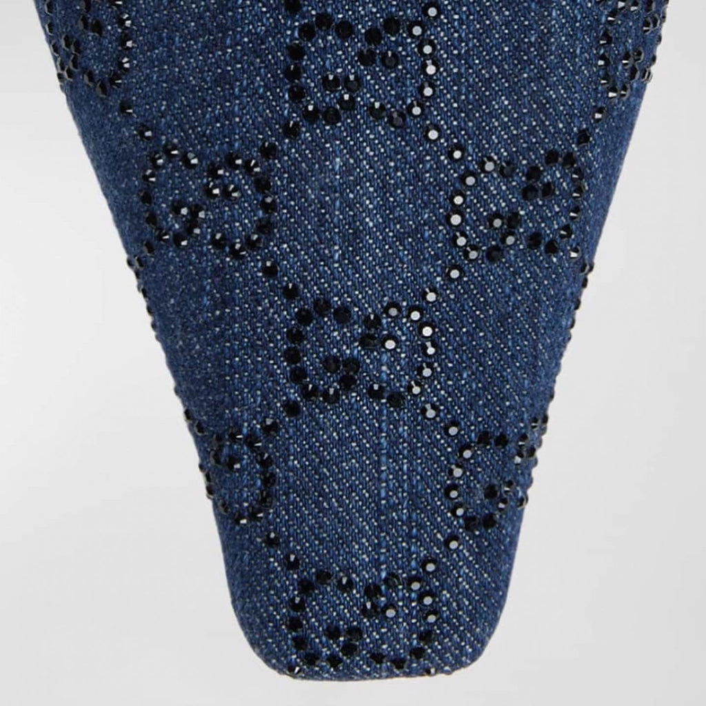 GUCCI DEMI CRYSTAL EMBELLISHED GG DENIM SLINGBACK BALLERINA FLATS