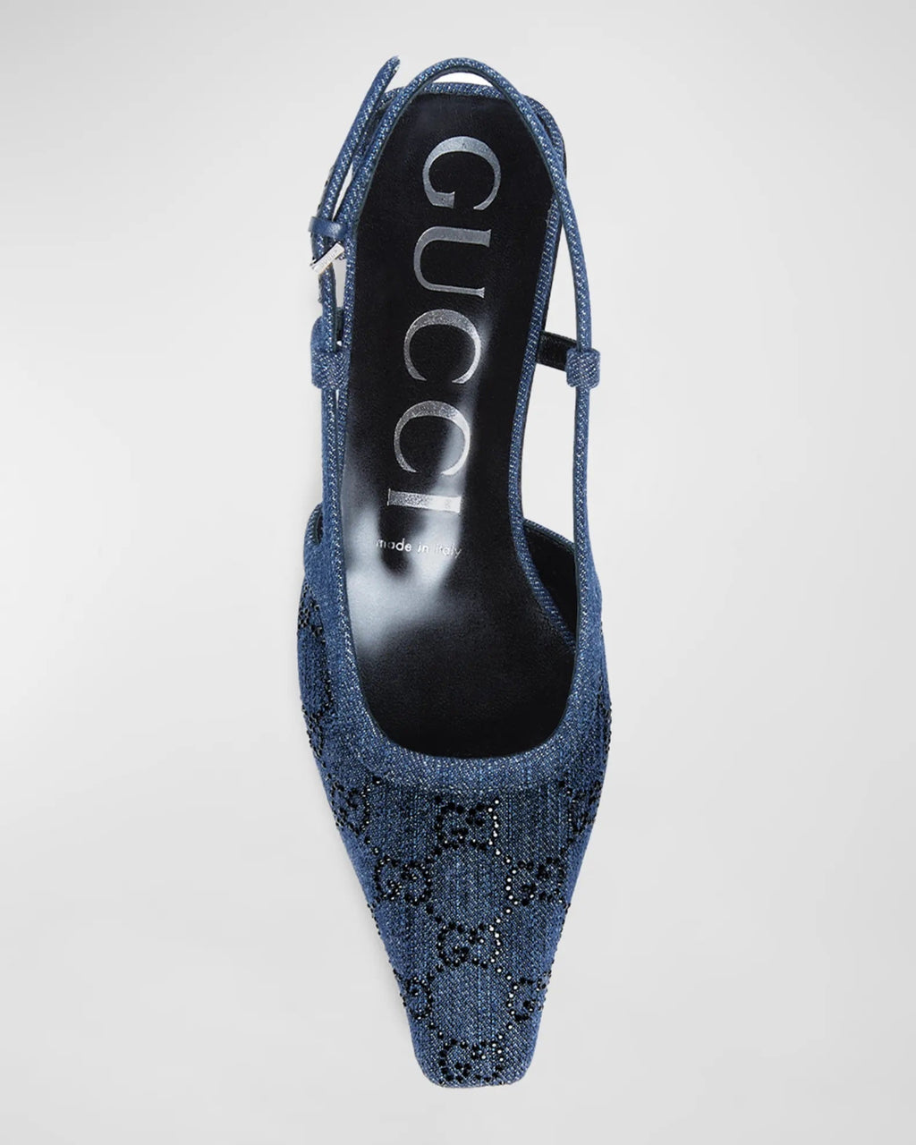 GUCCI DEMI CRYSTAL EMBELLISHED GG DENIM SLINGBACK BALLERINA FLATS