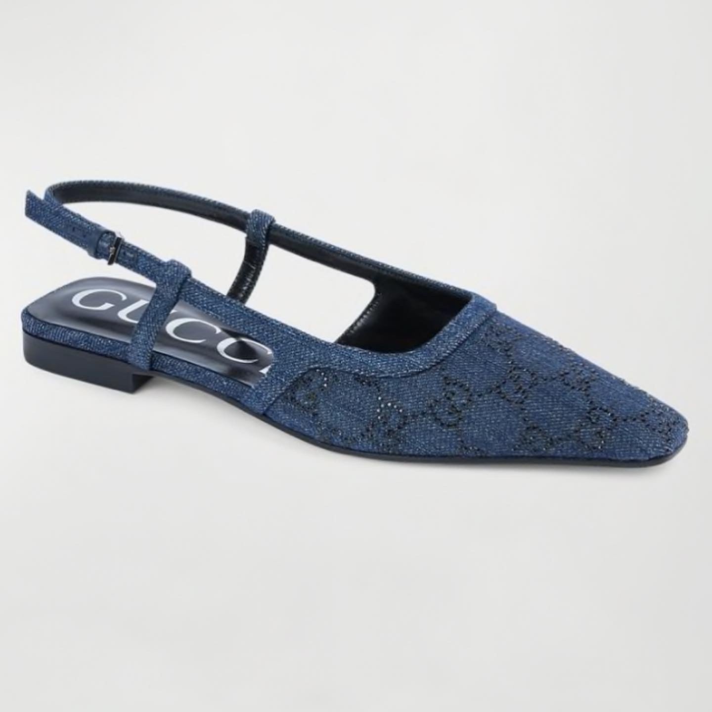 GUCCI DEMI CRYSTAL EMBELLISHED GG DENIM SLINGBACK BALLERINA FLATS