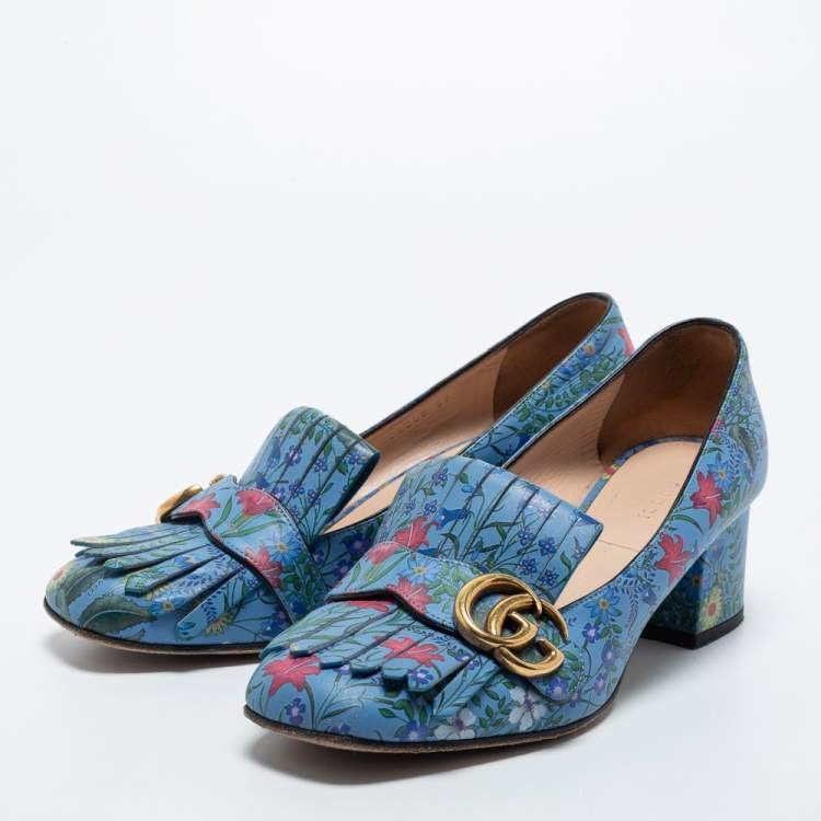 GUCCI GG MARMONT CALFSKIN FLORA FRINGE BLOCK HEEL PUMPS