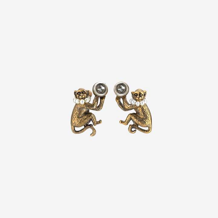 GUCCI FAUX PEARL MONKEY STUD EARRINGS