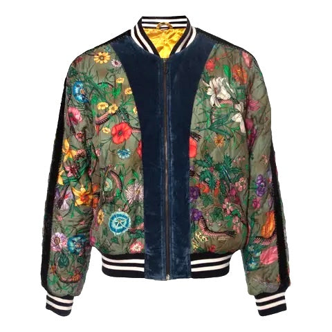 GUCCI FLORA SNAKE PRINT SILK REVERSIBLE BOMBER JACKET