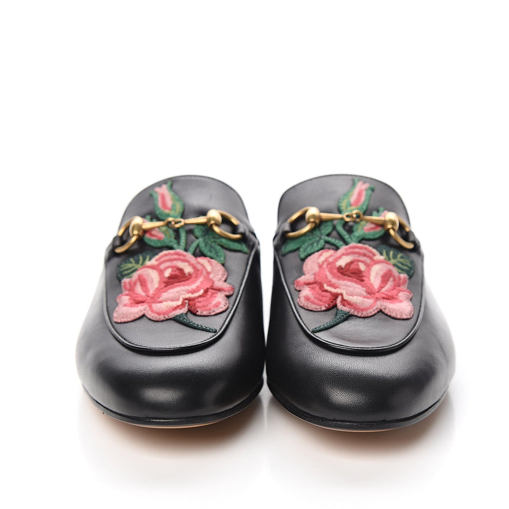 GUCCI FLORAL EMBROIDERED CALFSKIN PRINCETOWN HORSEBIT MULES