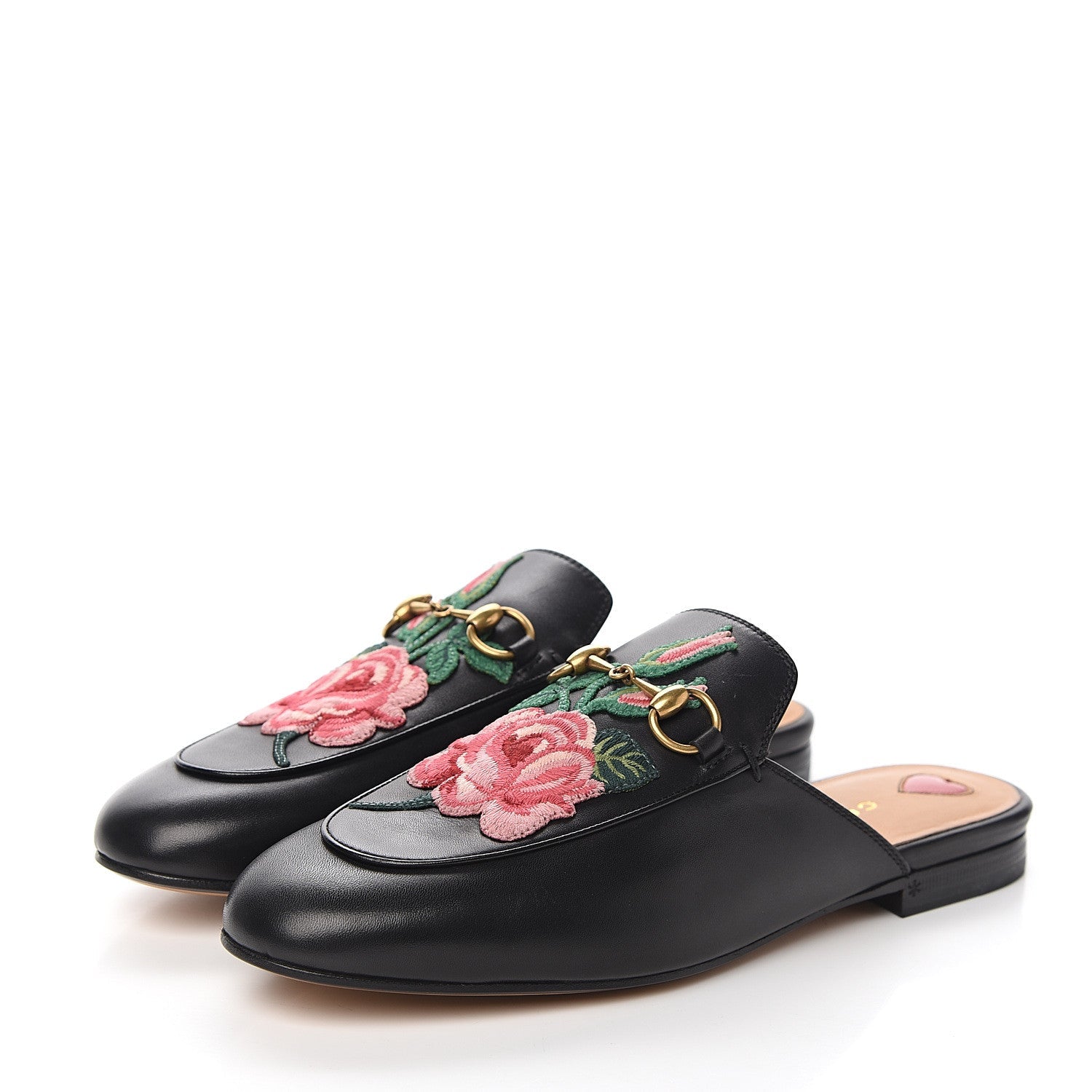 GUCCI FLORAL EMBROIDERED CALFSKIN PRINCETOWN HORSEBIT MULES