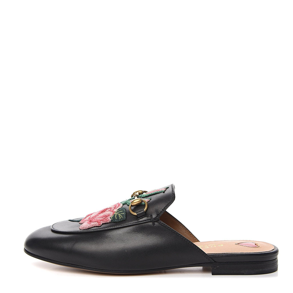 GUCCI FLORAL EMBROIDERED CALFSKIN PRINCETOWN HORSEBIT MULES