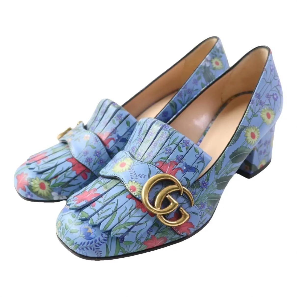 GUCCI GG MARMONT CALFSKIN FLORA FRINGE BLOCK HEEL PUMPS