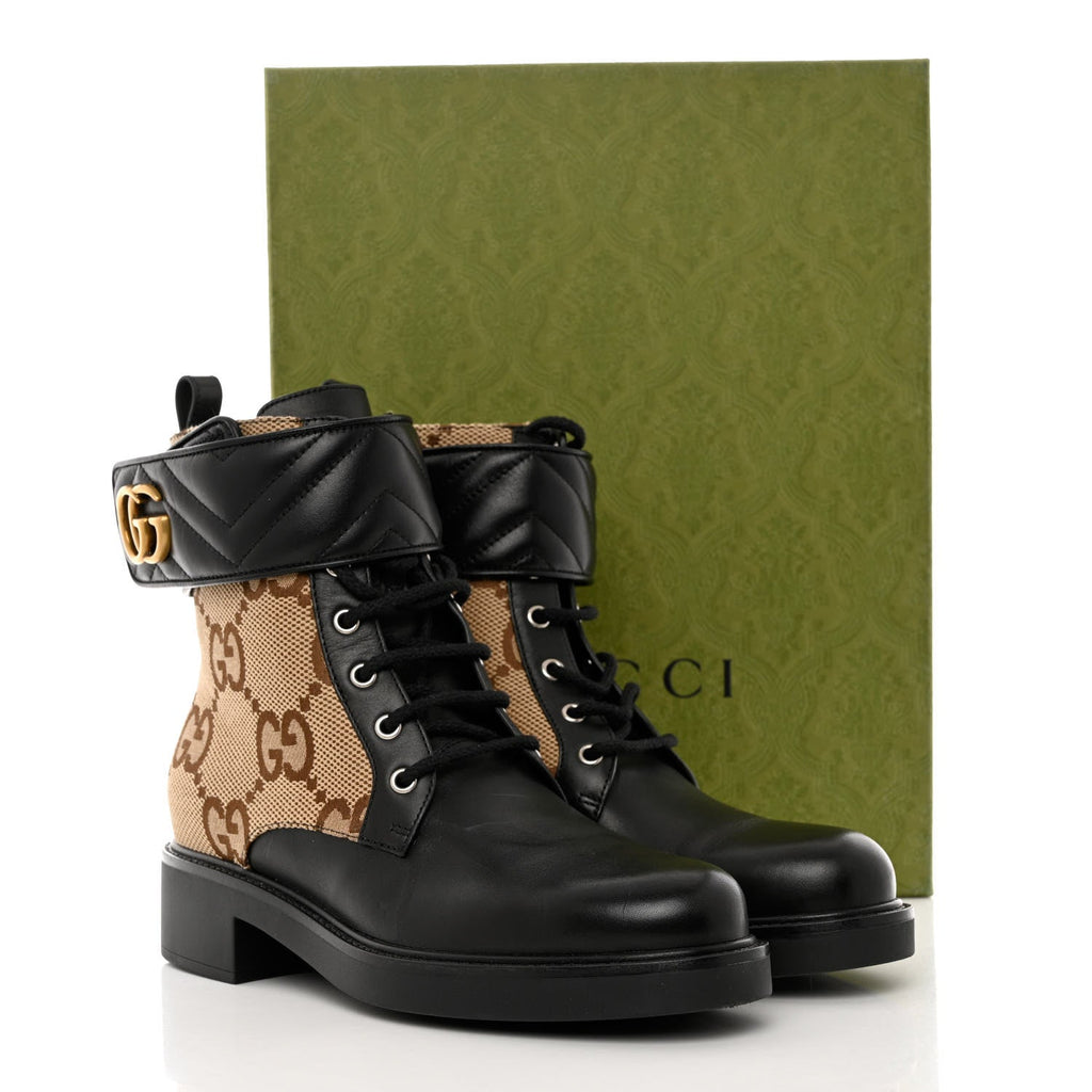 GUCCI FLORES CALFSKIN MONOGRAM MAXI GG ANKLE BOOTS