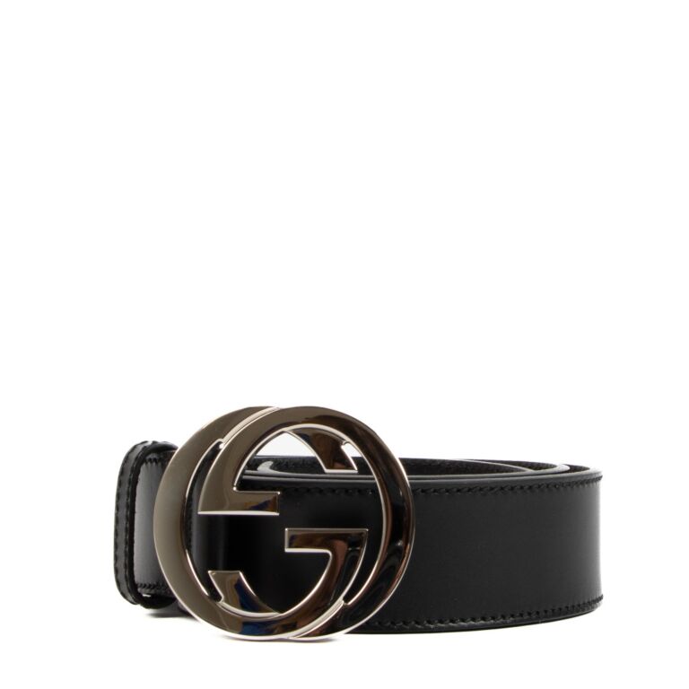 GUCCI INTERLOCKING G PALLADIUM BUCKLE LEATHER BELT