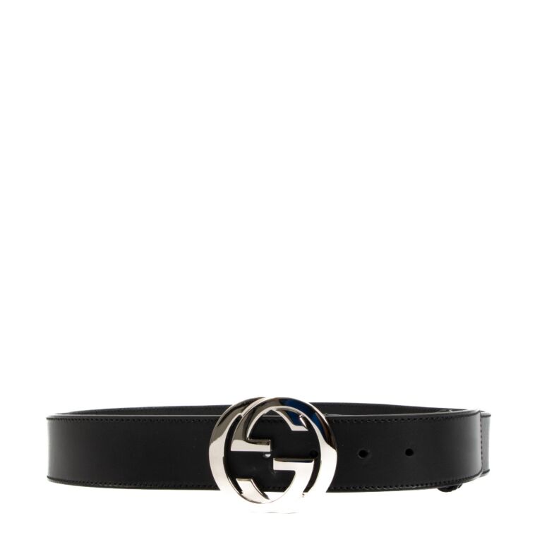 GUCCI INTERLOCKING G PALLADIUM BUCKLE LEATHER BELT