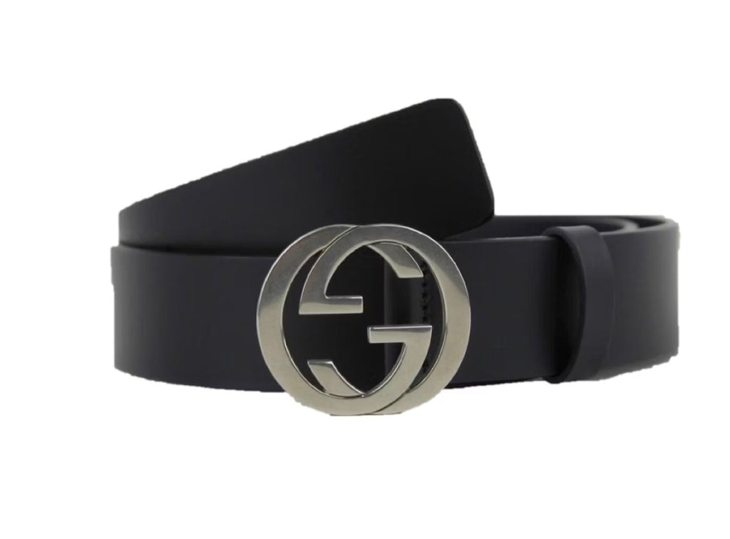 GUCCI INTERLOCKING G PALLADIUM BUCKLE LEATHER BELT
