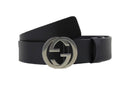 GUCCI INTERLOCKING G PALLADIUM BUCKLE LEATHER BELT