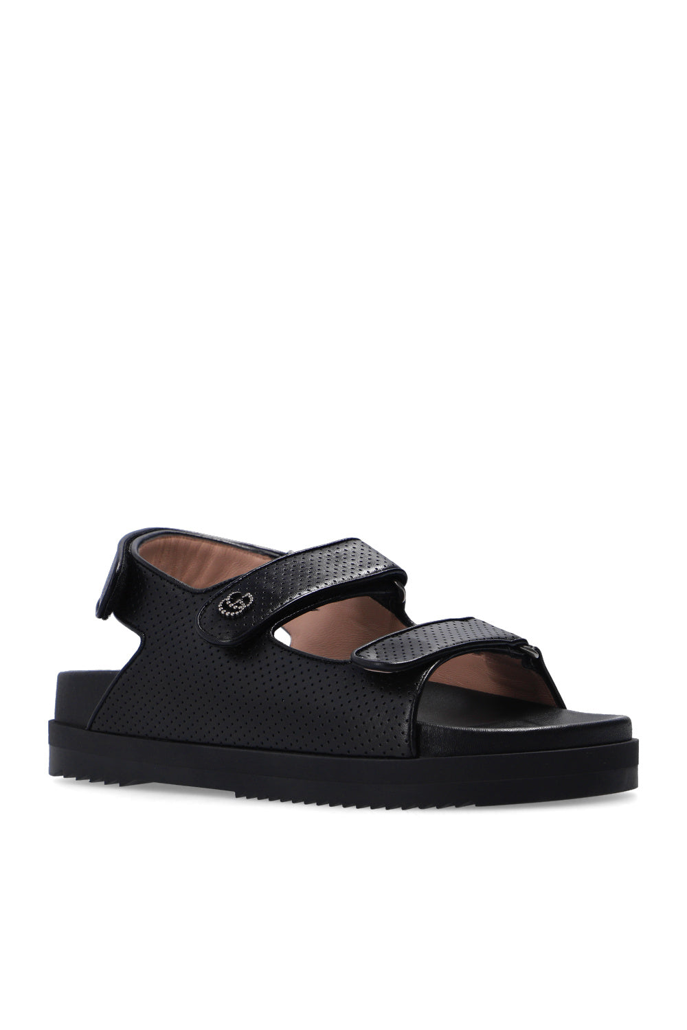 GUCCI GG BLACK LEATHER SANDALS WITH LOGO