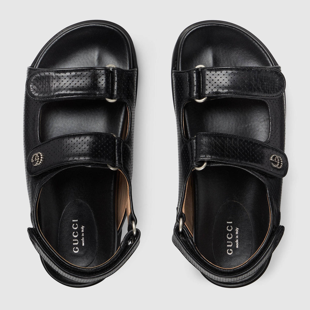 GUCCI GG BLACK LEATHER SANDALS WITH LOGO