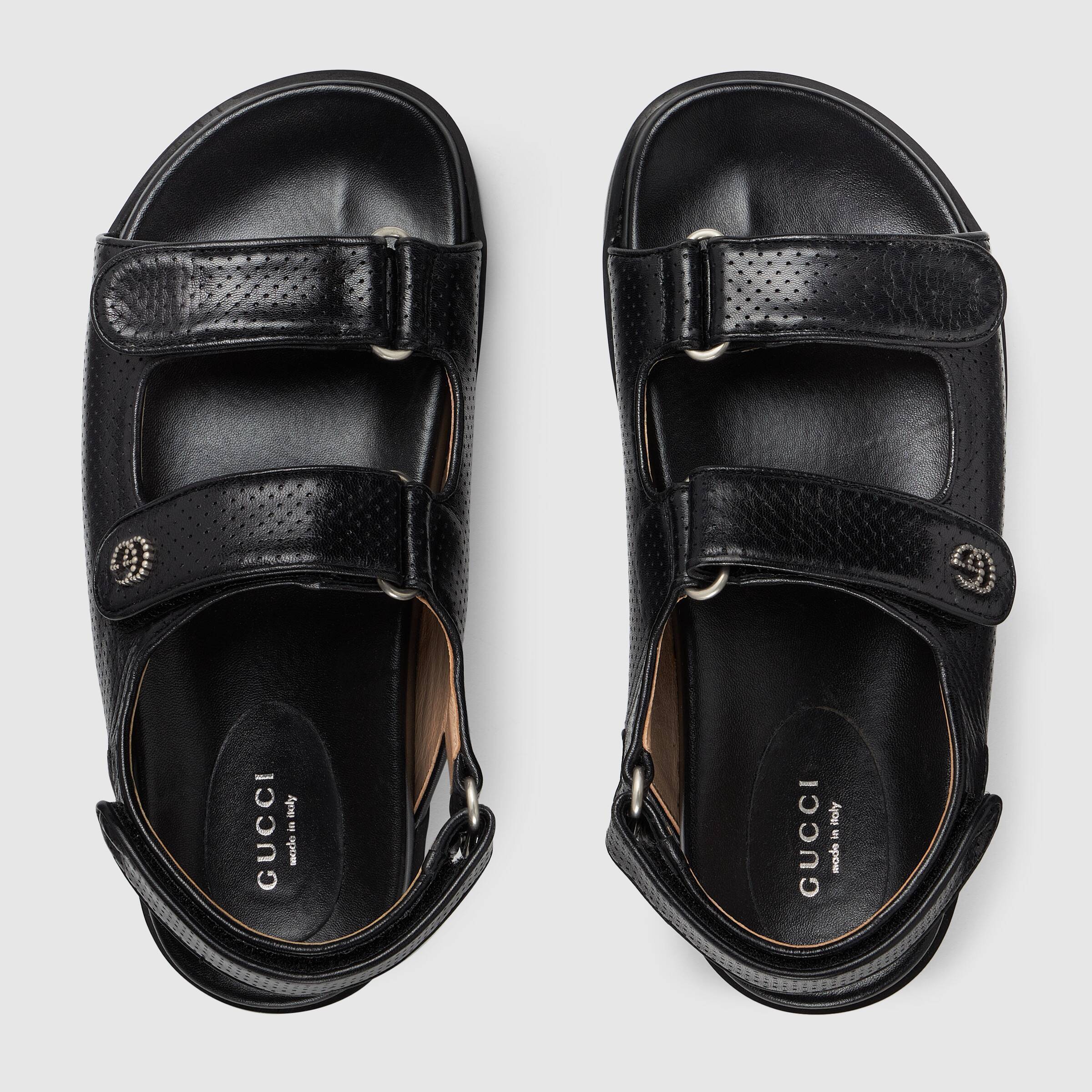 GUCCI GG BLACK LEATHER SANDALS WITH LOGO