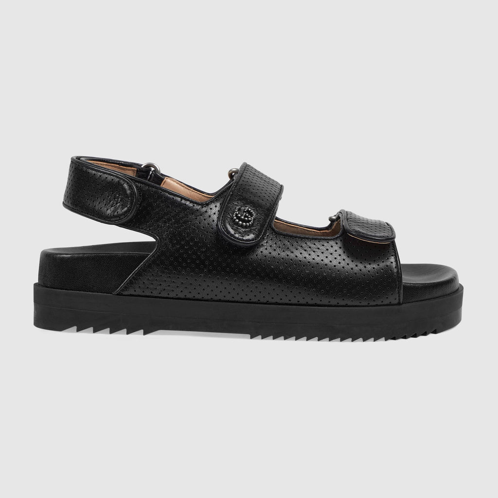 GUCCI GG BLACK LEATHER SANDALS WITH LOGO