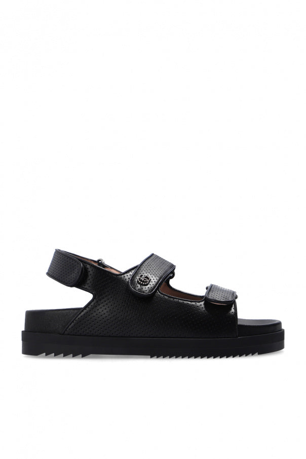 GUCCI GG BLACK LEATHER SANDALS WITH LOGO