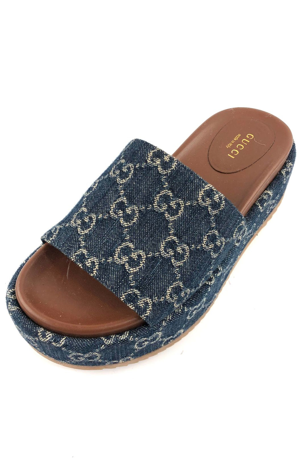 GUCCI GG SUPREME DENIM MONOGRAM ANGELINA PLATFORM MULES