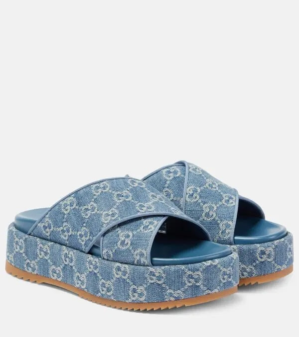 GUCCI GG MONOGRAM ANGELINA DENIM PLATFORM MULES