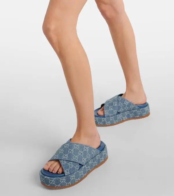 GUCCI GG MONOGRAM ANGELINA DENIM PLATFORM MULES