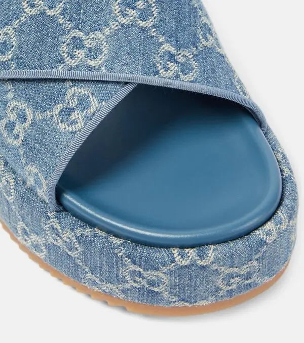 GUCCI GG MONOGRAM ANGELINA DENIM PLATFORM MULES