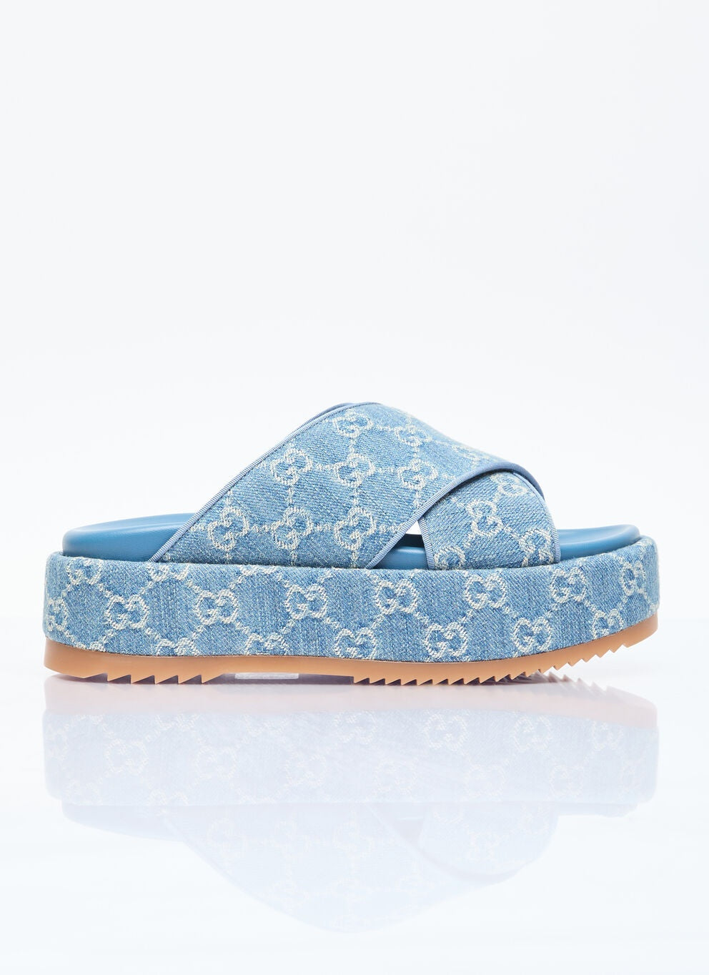 GUCCI GG MONOGRAM ANGELINA DENIM PLATFORM MULES