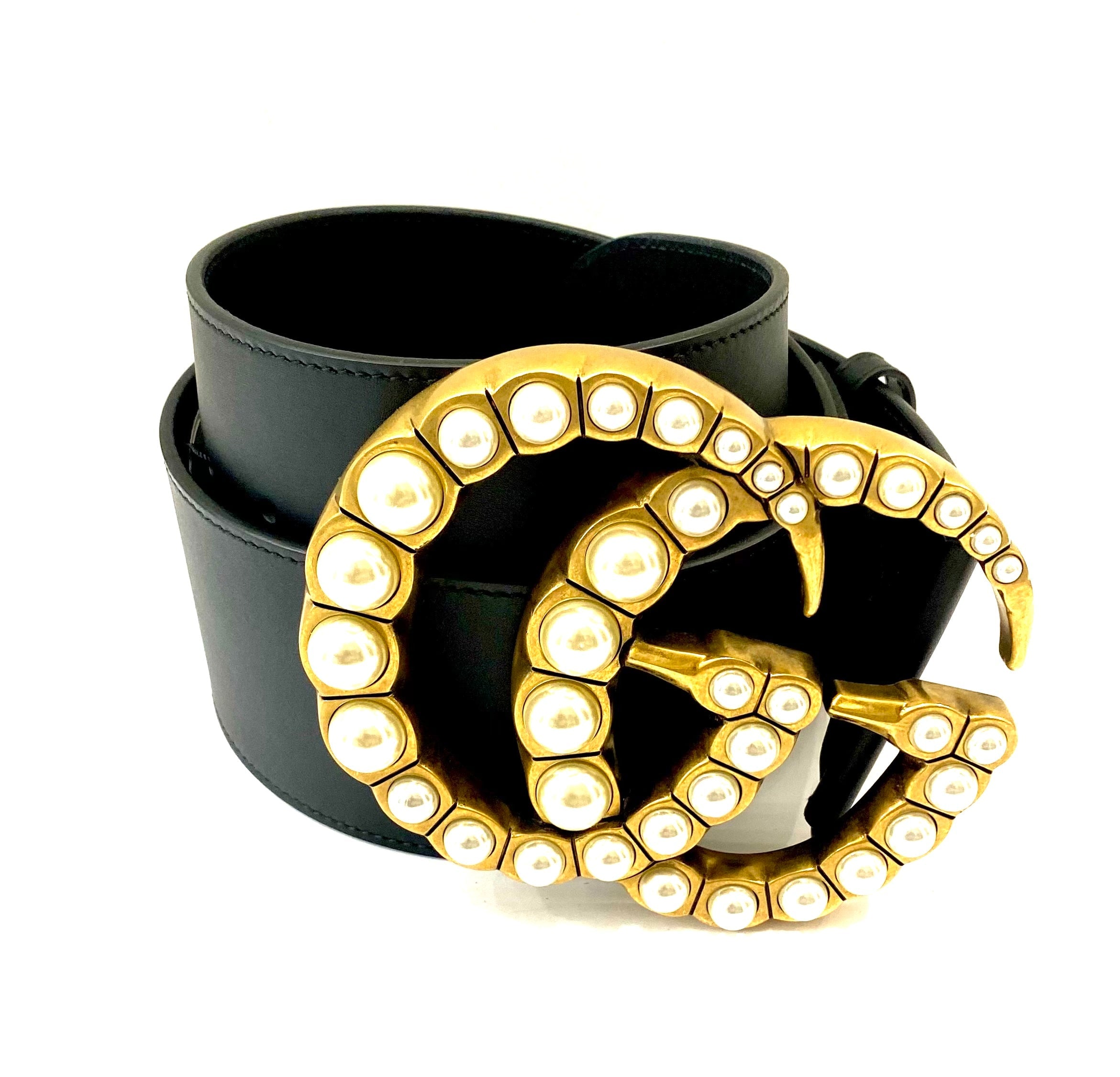 GUCCI JUMBO GG MOON PEARL CALFSKIN LEATHER BELT