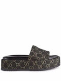 GUCCI GG SUPREME BLACK DENIM MONOGRAM ANGELINA PLATFORM SLIDES