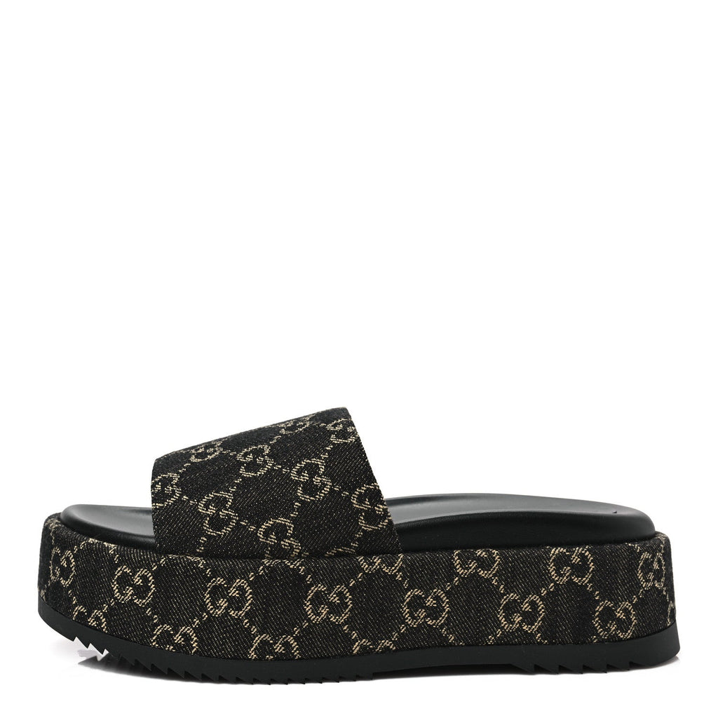 GUCCI GG SUPREME BLACK DENIM MONOGRAM ANGELINA PLATFORM SLIDES
