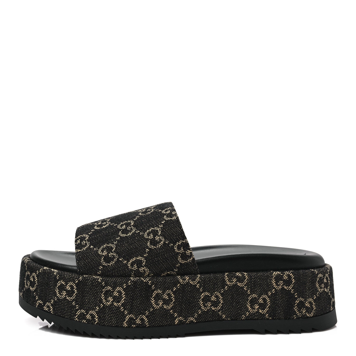 GUCCI GG SUPREME BLACK DENIM MONOGRAM ANGELINA PLATFORM SLIDES