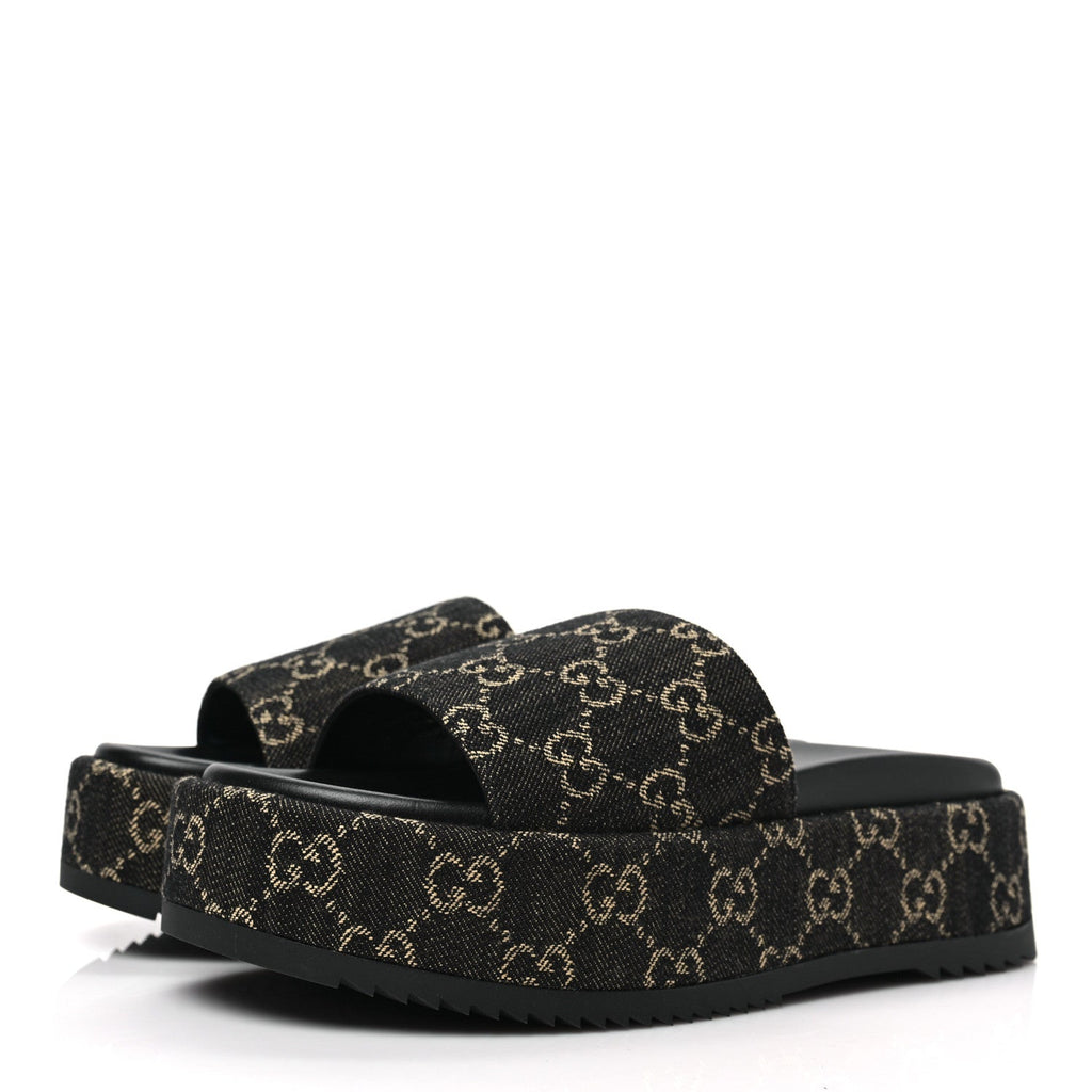 GUCCI GG SUPREME BLACK DENIM MONOGRAM ANGELINA PLATFORM SLIDES