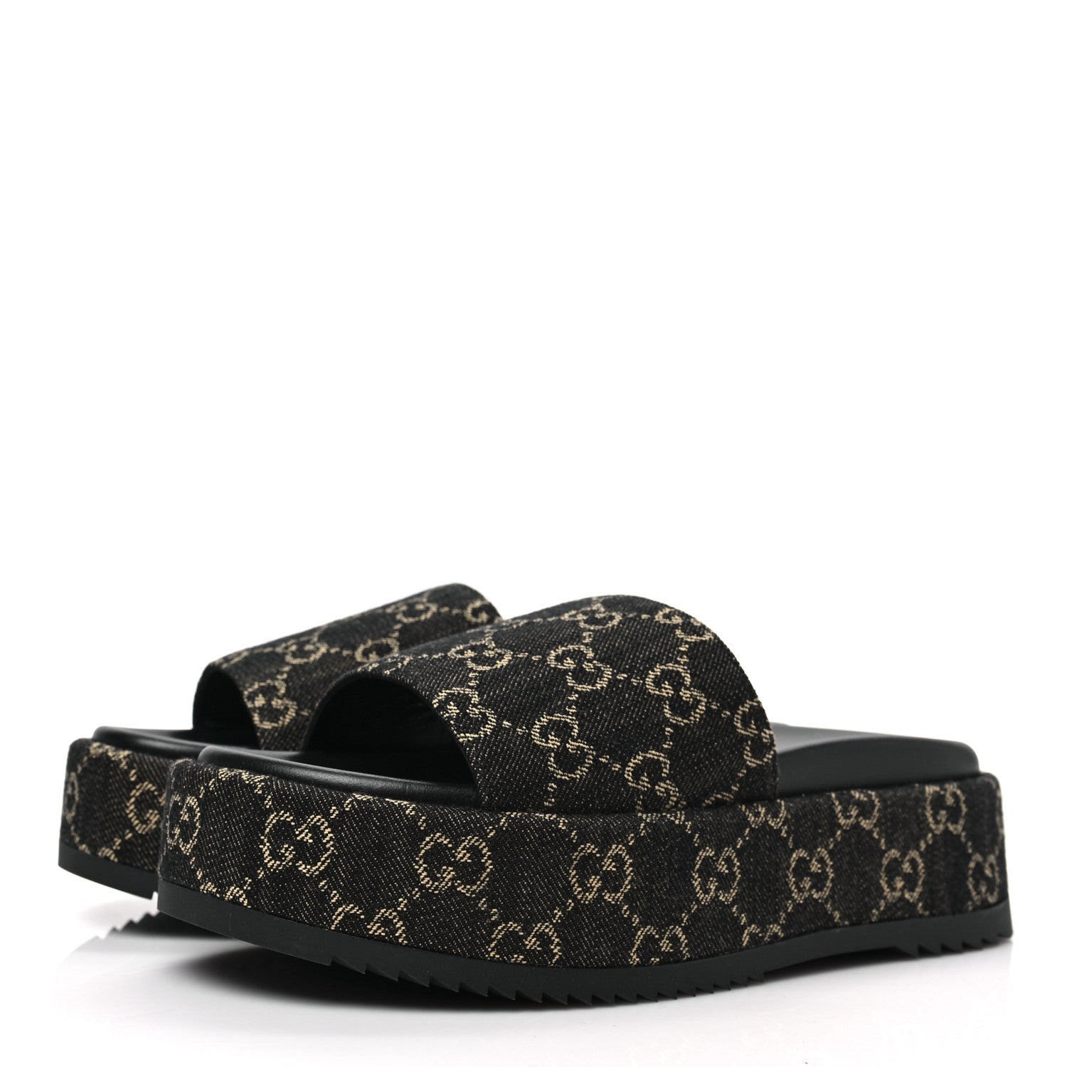 GUCCI GG SUPREME BLACK DENIM MONOGRAM ANGELINA PLATFORM SLIDES