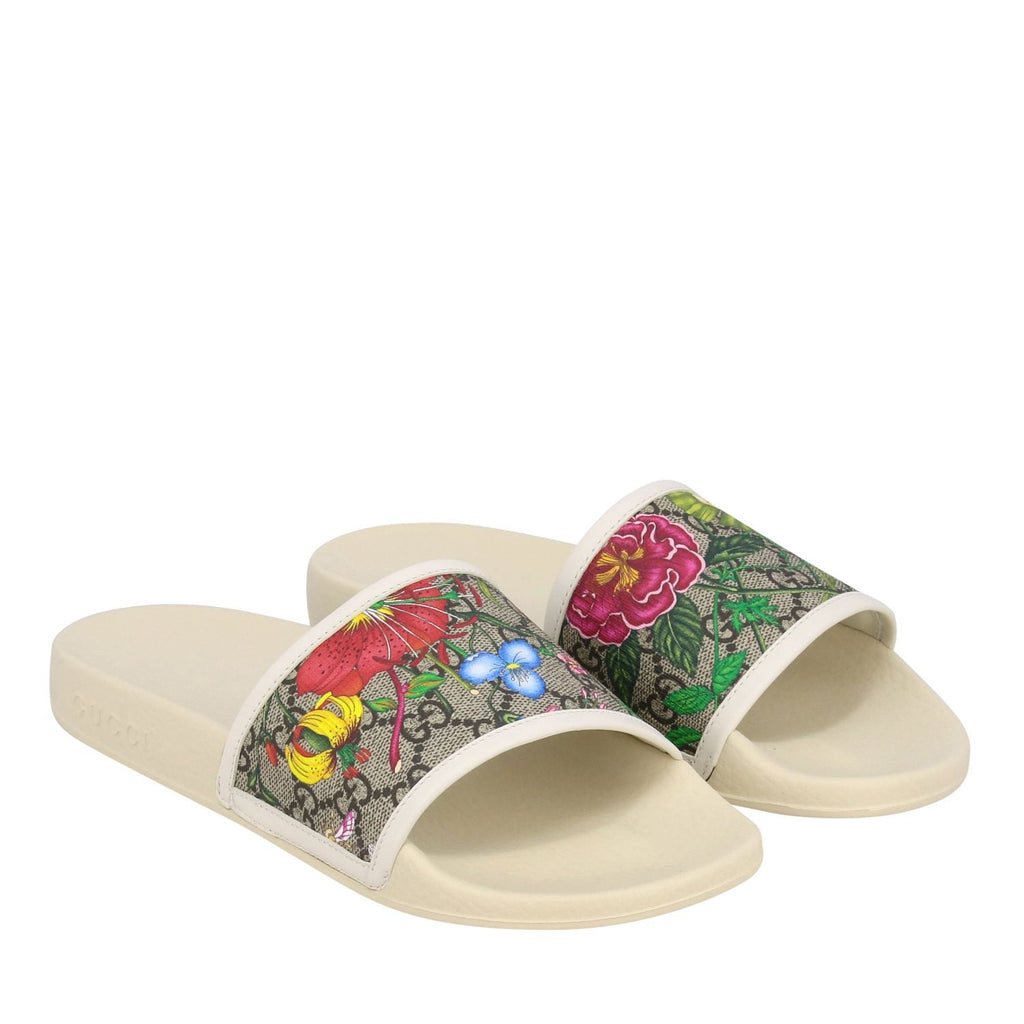GUCCI GG SUPREME MONOGRAM FLORA PURSUIT SLIDE SANDALS