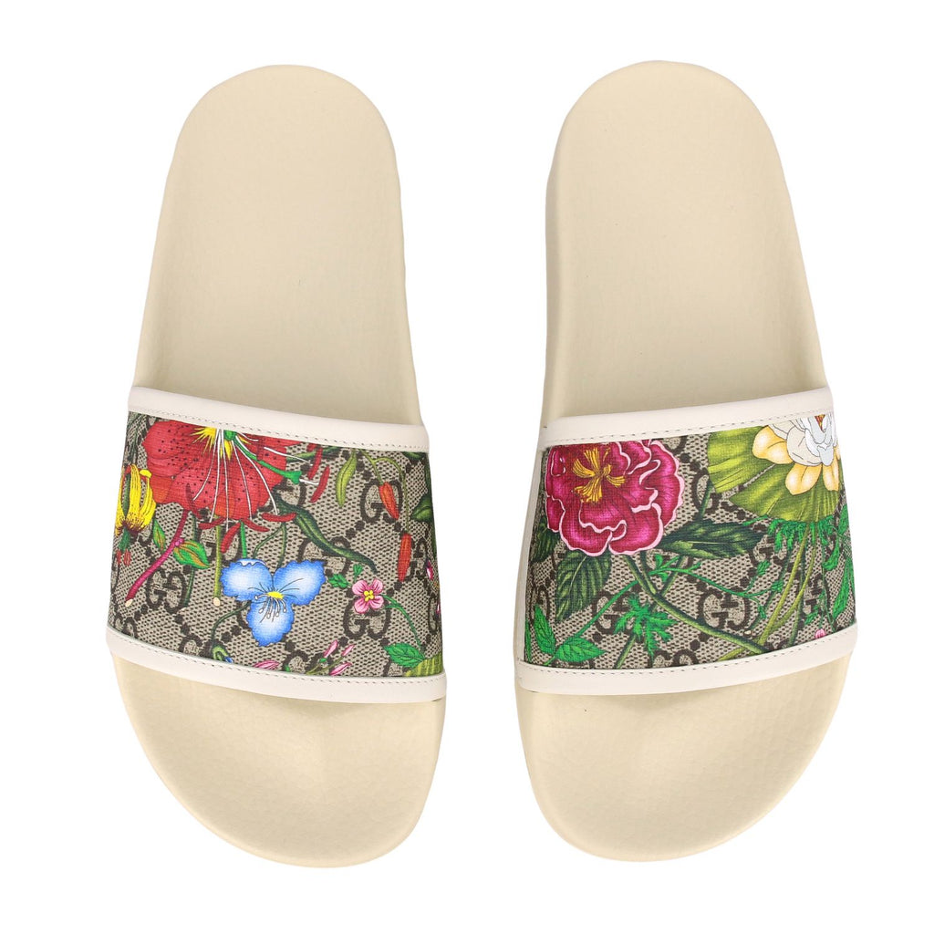 GUCCI GG SUPREME MONOGRAM FLORA PURSUIT SLIDE SANDALS